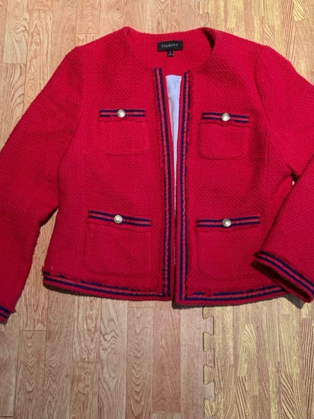 Talbots Red Tweed Collarless Blazer with Navy Trim 12